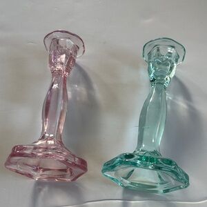 Pink and Teal Glass Candle Holders 7.5in tall